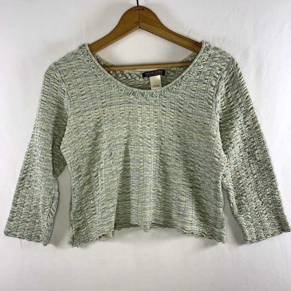 Womens 100% Silk Fitted Stretch Cropped Top Sz L Sage Green Beaded Soft Romantic